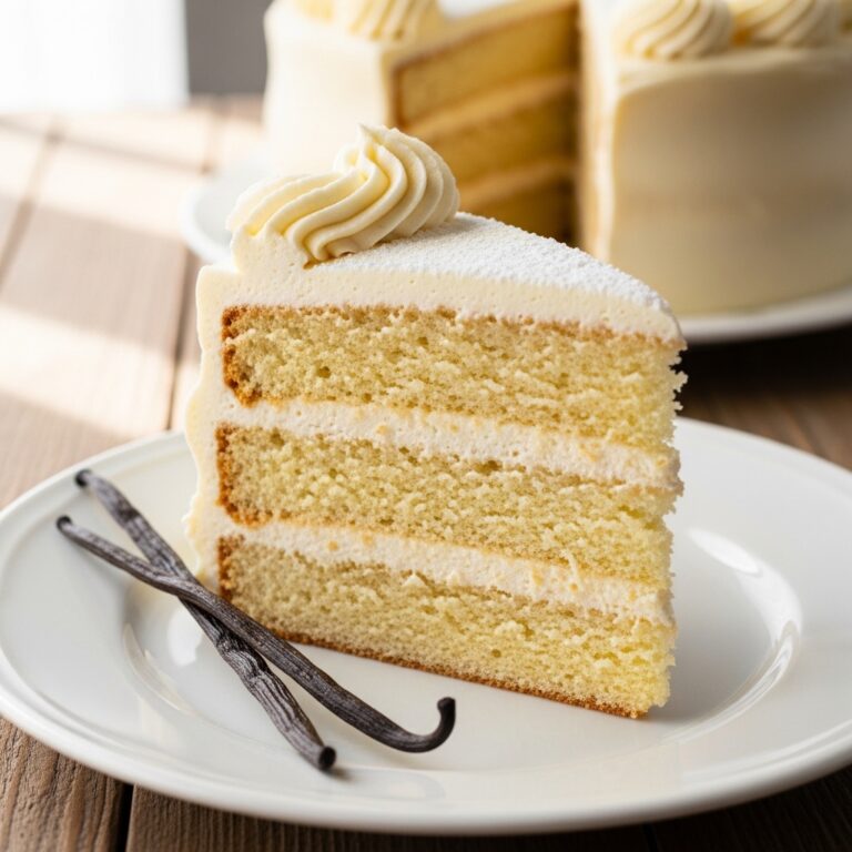 Slice of fluffy homemade vanilla cake with creamy white frosting and sprinkles on a plate
